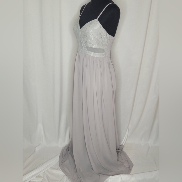 Maniju Gray V-Neck Lace Top Spaghetti Straps Floor Length Chiffon Skirt - Size L - Picture 2 of 12